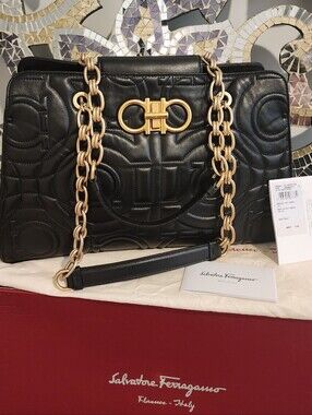 Salvatore Ferragamo Black Quilted Leather Shoulder Bag with Gold Chain